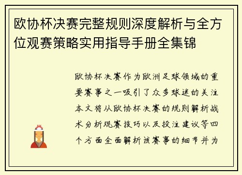 欧协杯决赛完整规则深度解析与全方位观赛策略实用指导手册全集锦 欧协杯决赛完整规则深度解析与全方位观赛策略实用指导手册全集锦