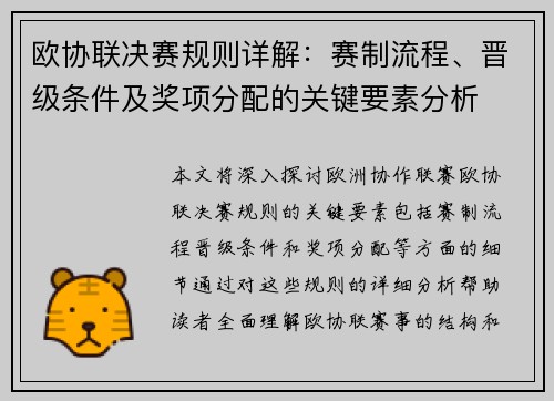 欧协联决赛规则详解:赛制流程、晋级条件及奖项分配的关键要素分析 欧协联决赛规则详解:赛制流程、晋级条件及奖项分配的关键要素分析