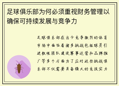 足球俱乐部为何必须重视财务管理以确保可持续发展与竞争力 足球俱乐部为何必须重视财务管理以确保可持续发展与竞争力